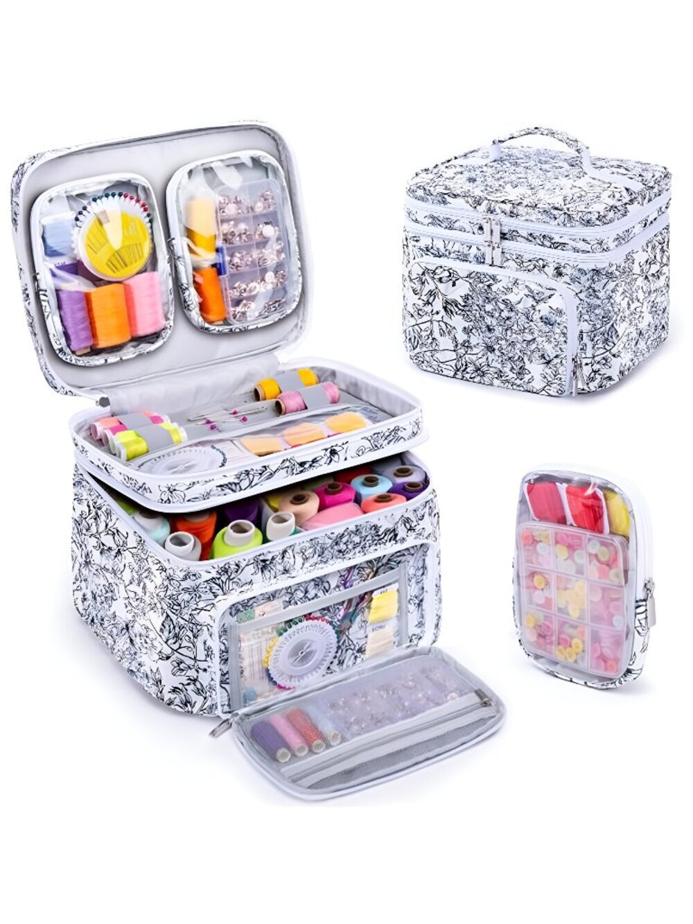 Double-Layer Sewing Organizer Storage Bag with 2 Detachable Pouches